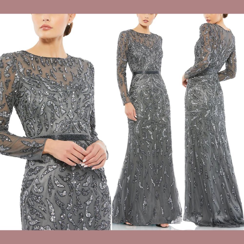 NWT $598 Mac Duggal [ 16 ] Beaded Long Sleeve Evening Gown in Charcoal‎ #S1036